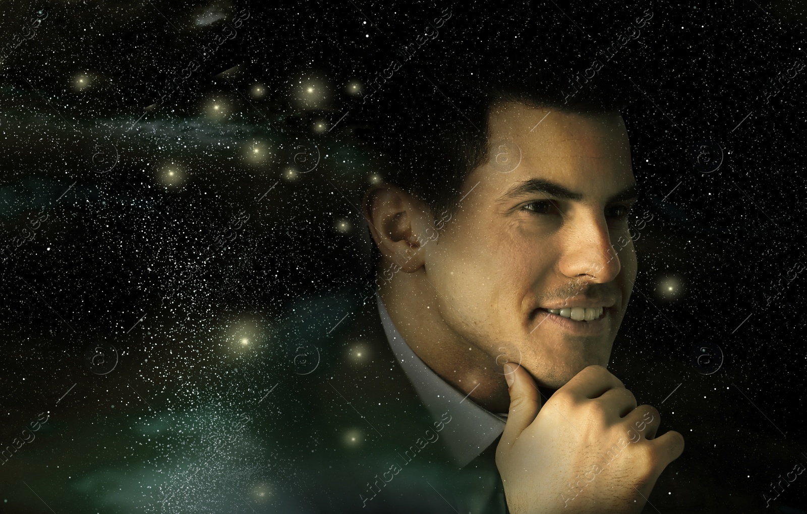 Image of Double exposure of handsome man and starry sky. Astrology concept