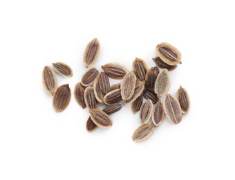 Photo of Many dry dill seeds isolated on white, top view