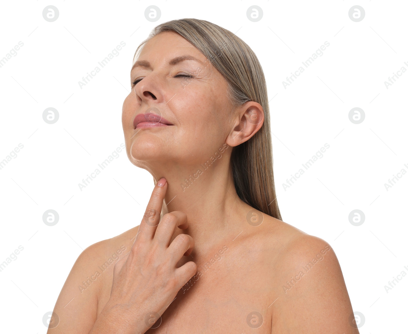 Photo of Beautiful woman touching her neck on white background