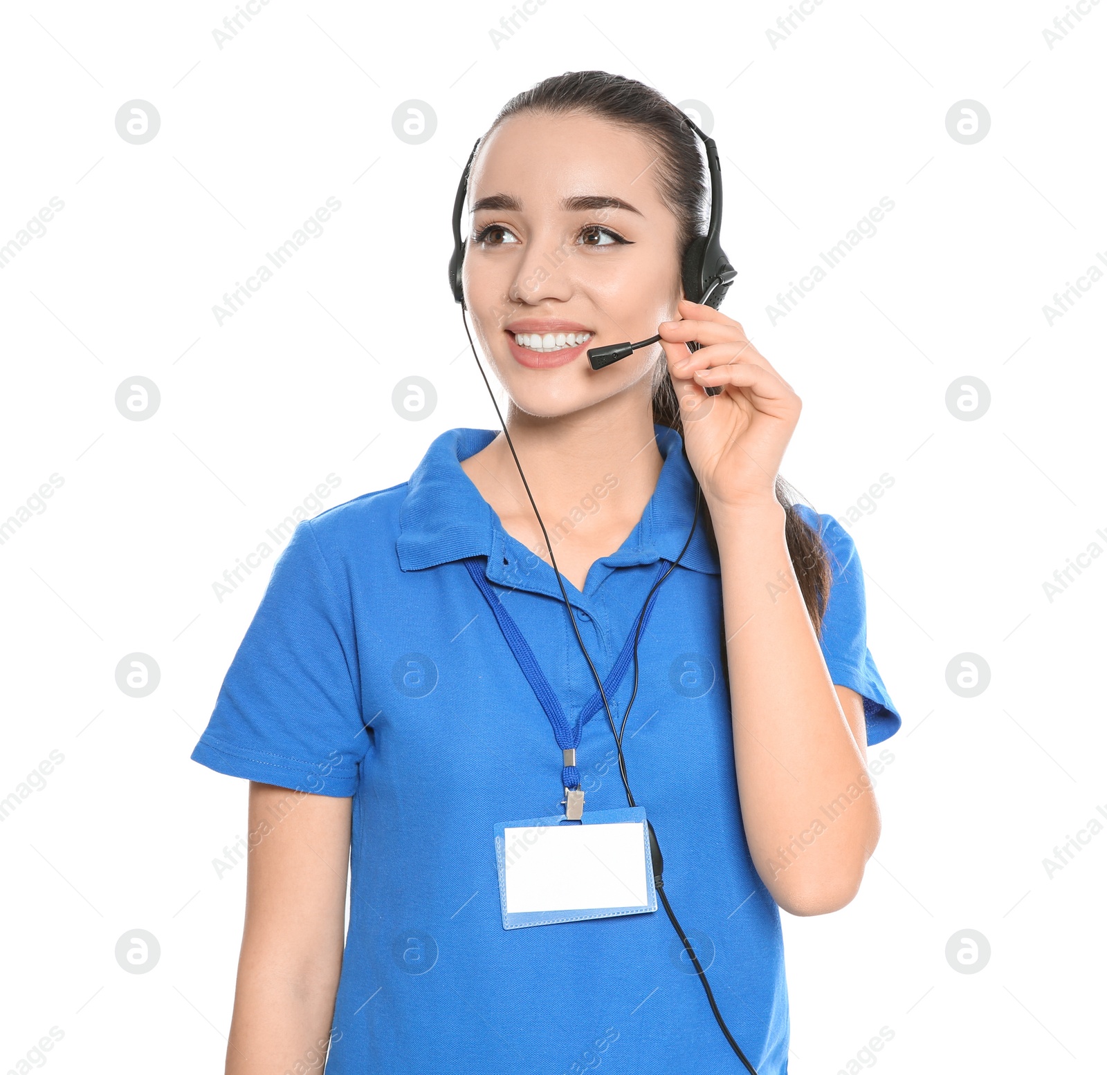 Photo of Portrait of technical support operator with headset isolated on white