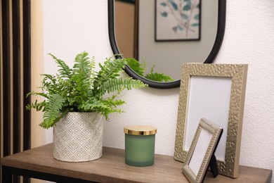 Photo of Beautiful fresh potted fern and empty frames on table in hallway