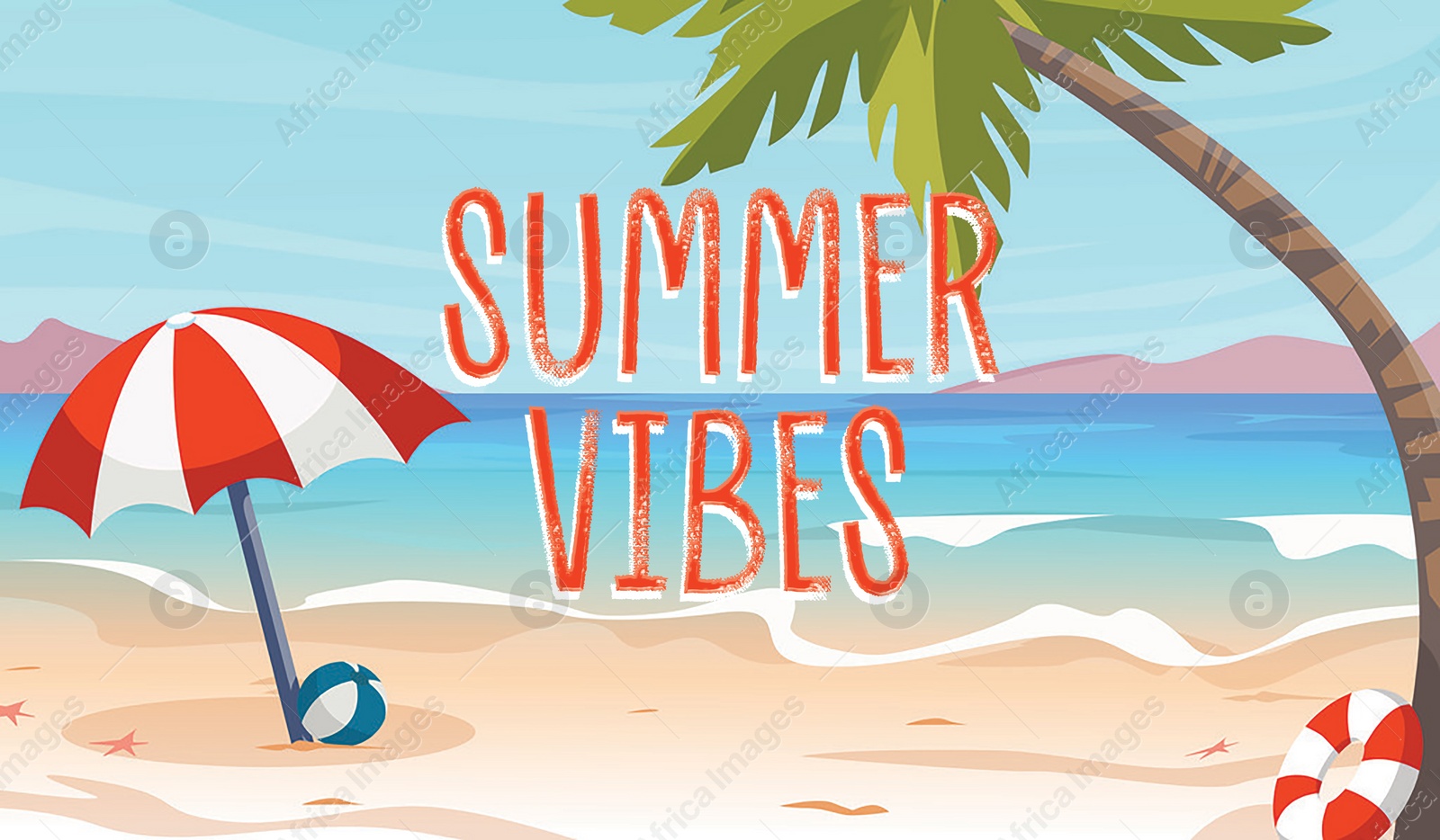 Illustration of Summer vibes.  tropical beach umbrella, ball and palm near sea. Banner design