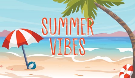 Summer vibes. Illustration of tropical beach umbrella, ball and palm near sea. Banner design