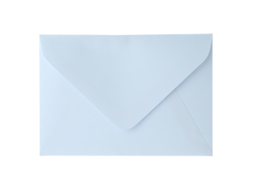 Photo of Light blue paper envelope isolated on white. Mail service