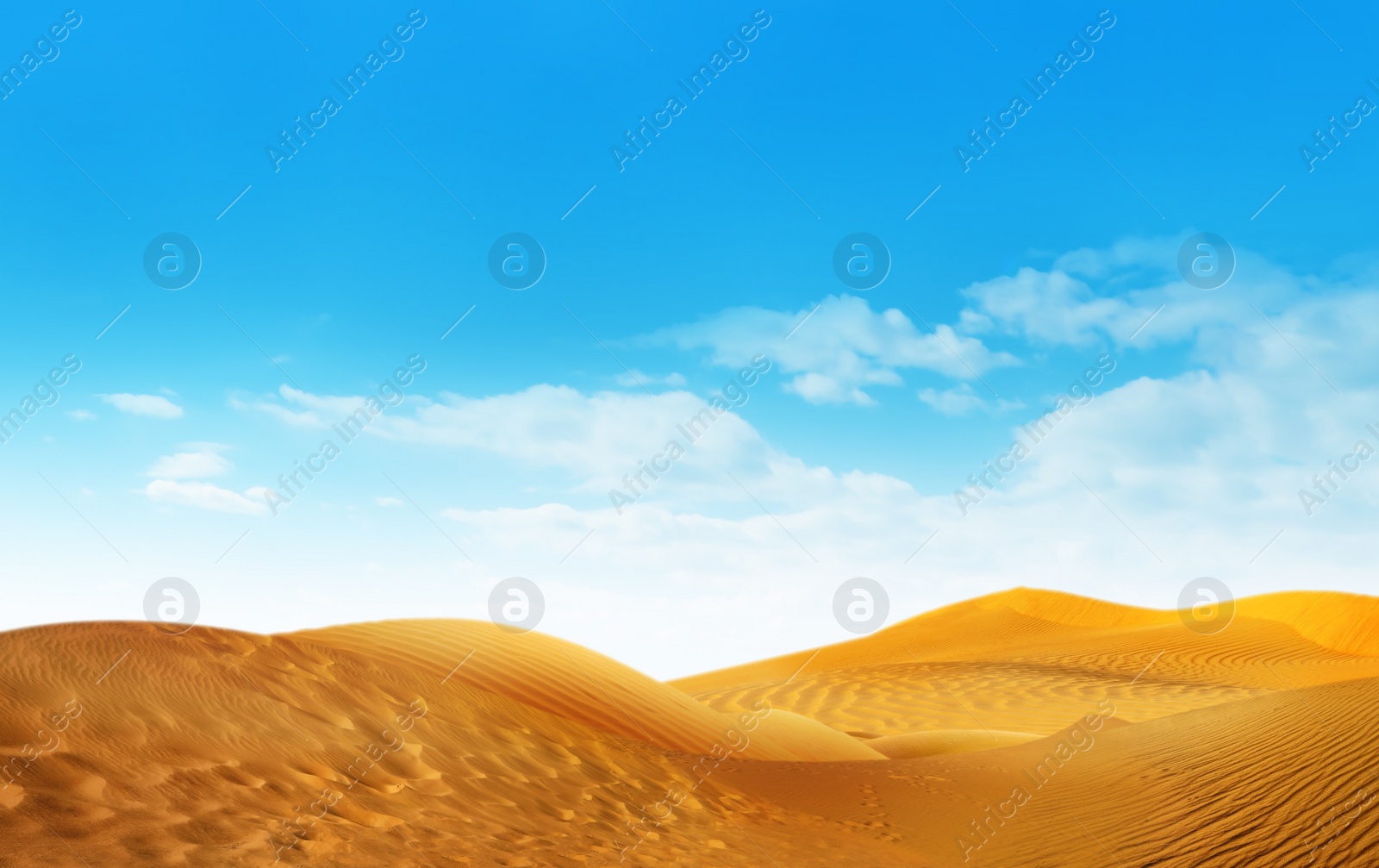 Image of Picturesque view of sandy desert and blue sky on hot sunny day 