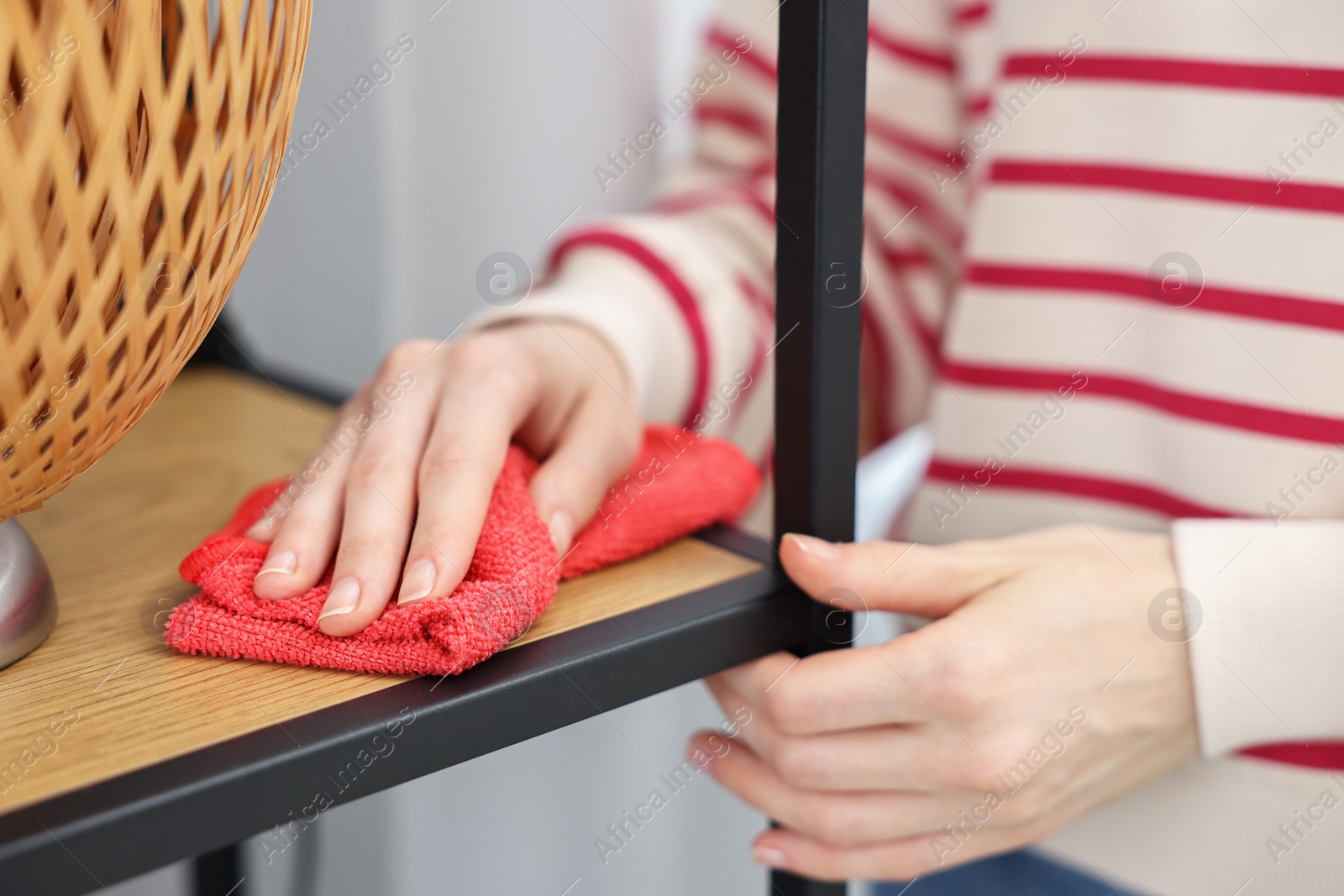 Photo of Woman cleaning shelving unit with rag at home, closeup