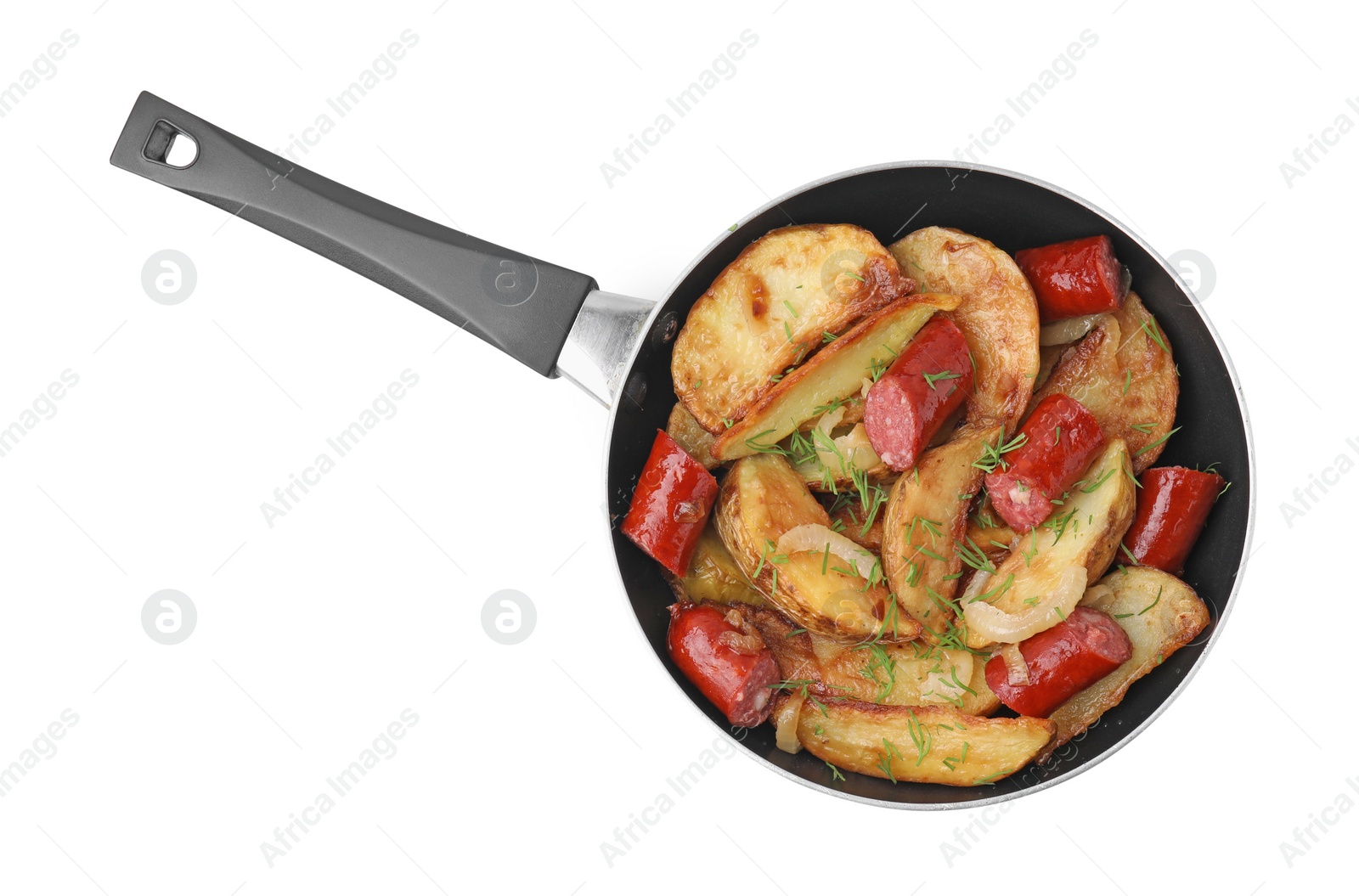 Photo of Fried potatoes with thin dry smoked sausages in frying pan isolated on white, top view