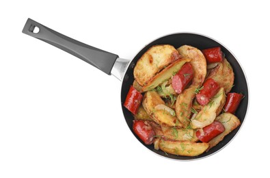 Photo of Fried potatoes with thin dry smoked sausages in frying pan isolated on white, top view