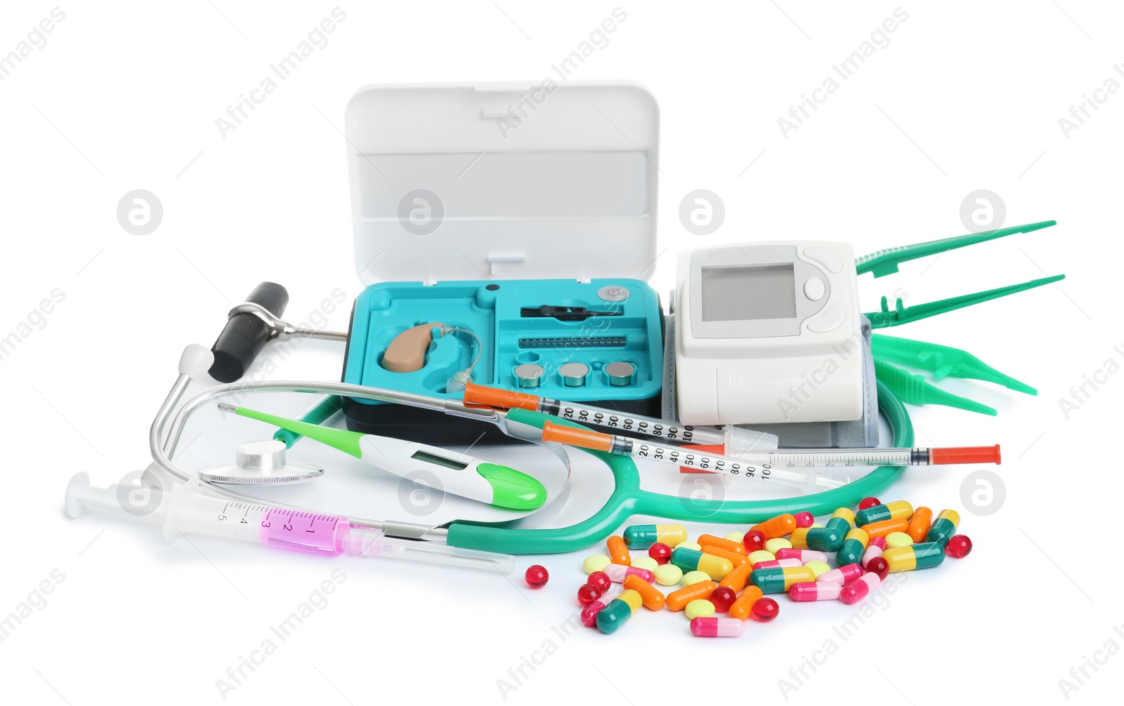 Photo of Different medical objects on white background. Health care