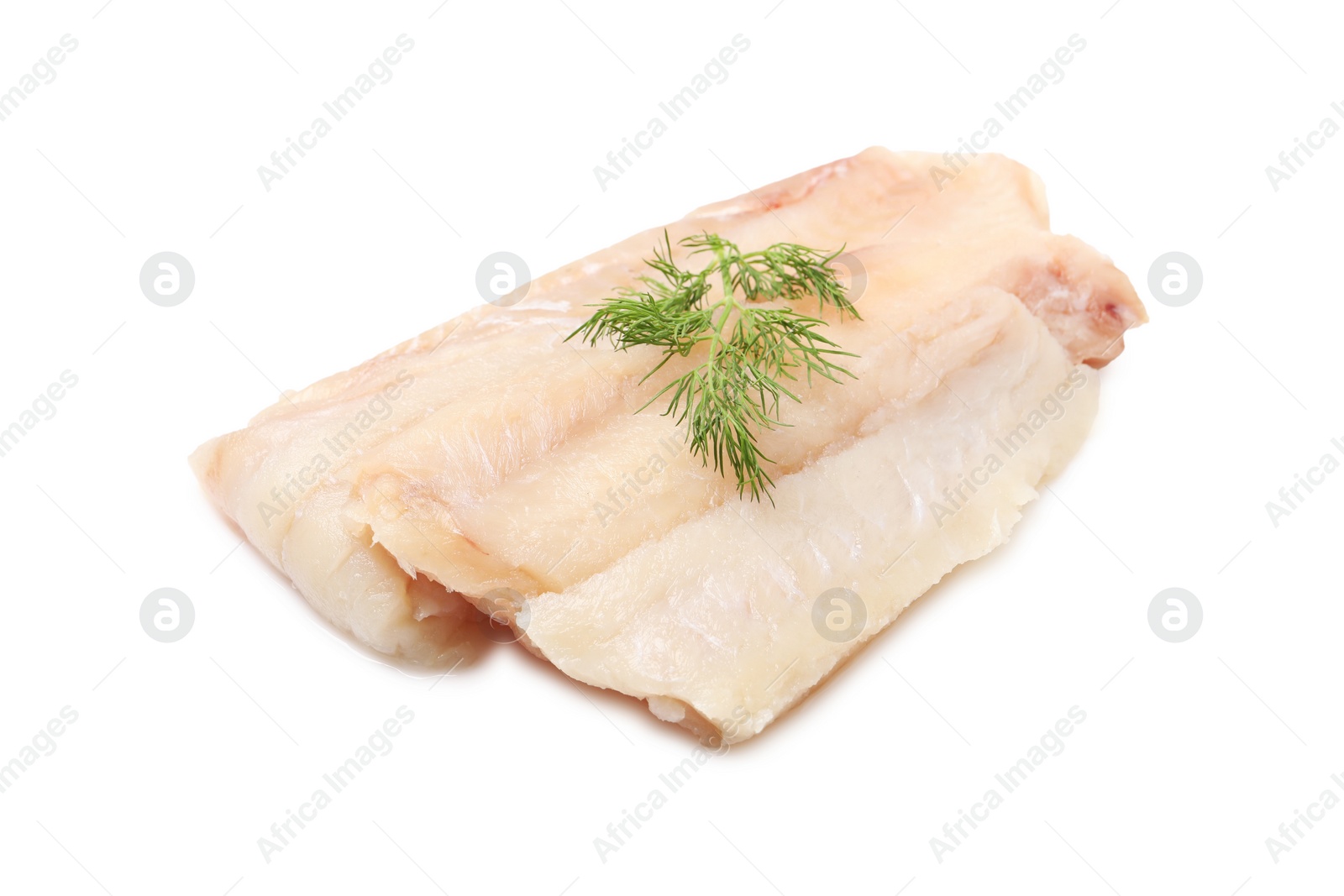 Photo of Pieces of raw cod fish and dill isolated on white