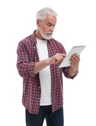 Senior man using tablet on white background