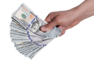 Photo of Money exchange. Man holding dollar banknotes on white background, closeup