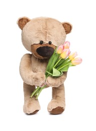 Photo of Cute teddy bear with beautiful tulips isolated on white