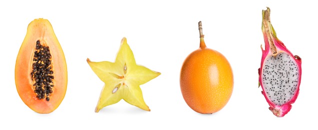 Set with different delicious exotic fruits on white background. Banner design