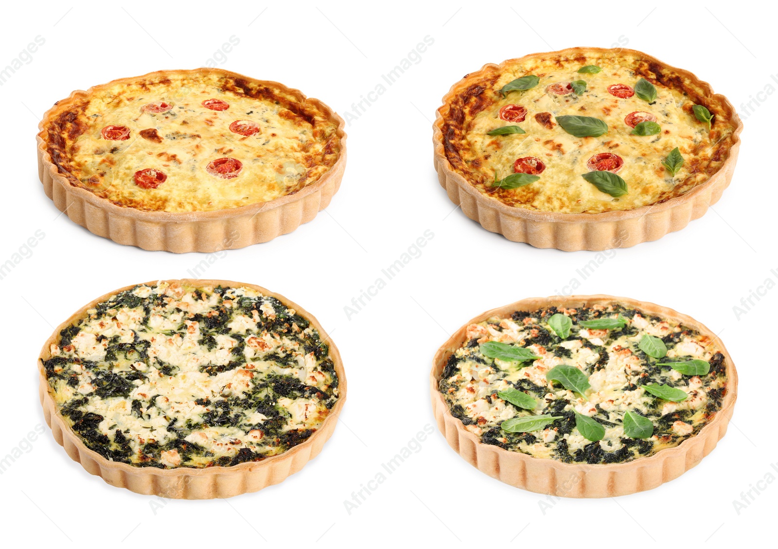 Image of Different tasty quiches isolated on white, set