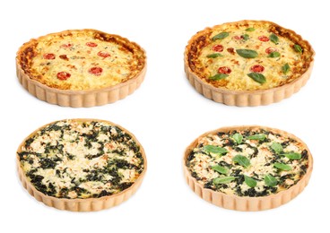 Different tasty quiches isolated on white, set