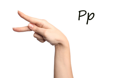 Woman showing letter P on white background, closeup. Sign language