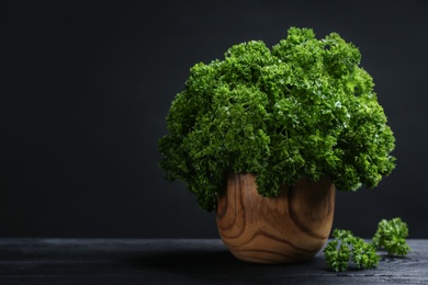 Fresh curly parsley in wooden bowl on black table against dark background. Space for text