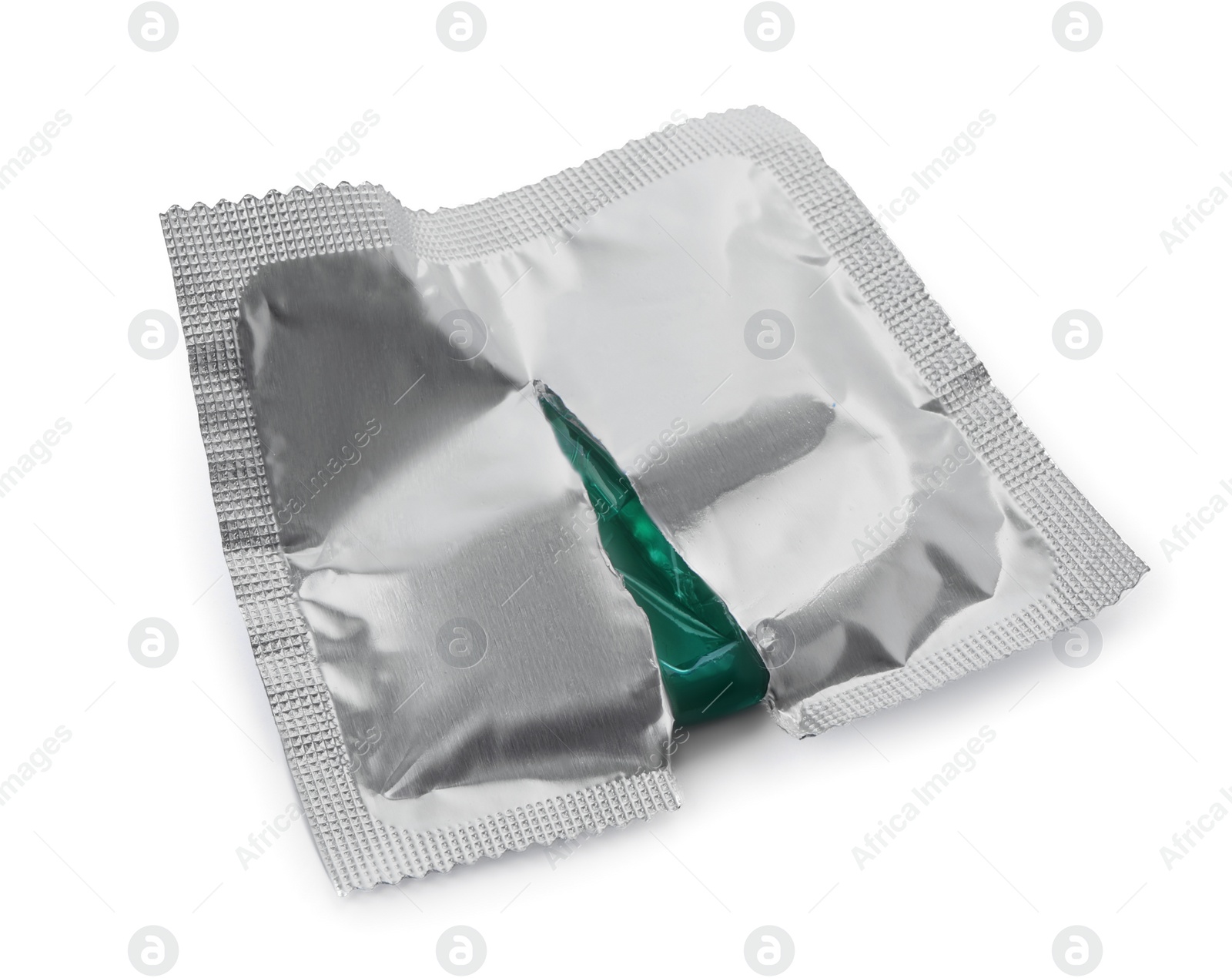 Photo of Torn package with condom isolated on white. Safe sex