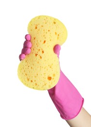 Cleaner in rubber glove holding new yellow sponge on white background, closeup