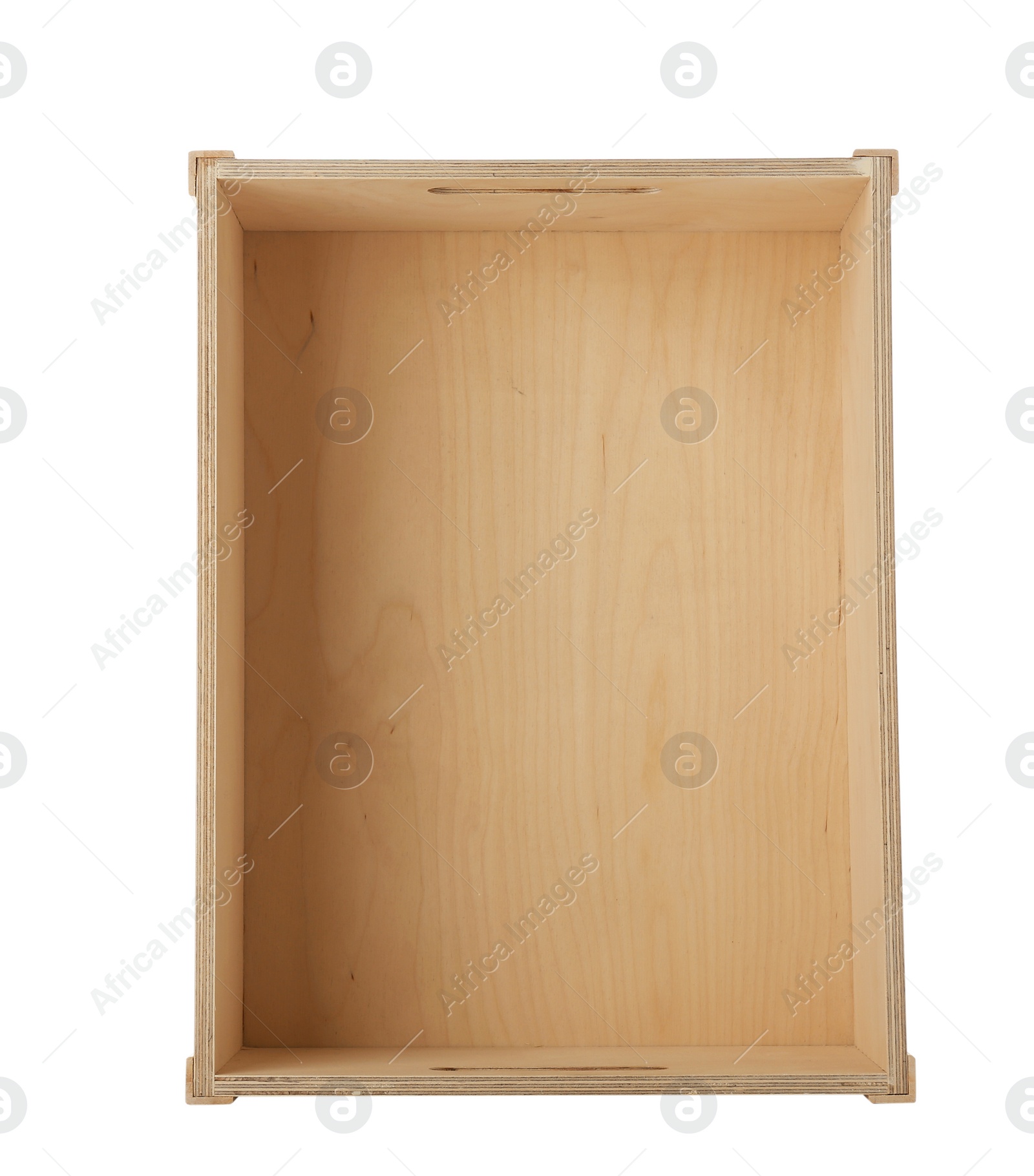 Photo of Empty wooden crate on white background, top view