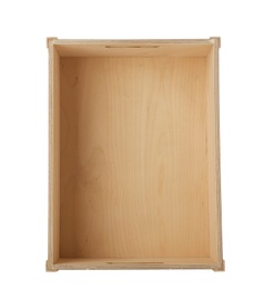 Photo of Empty wooden crate on white background, top view