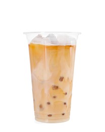 Plastic cup of fresh iced coffee isolated on white