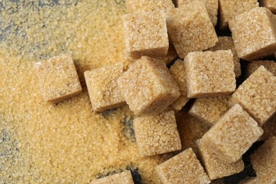 Photo of Brown sugar cubes on table, top view