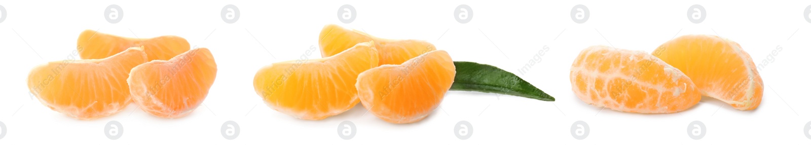 Image of Set with fresh ripe tangerines on white background. Banner design