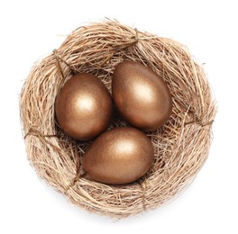 Nest with golden eggs on white background, top view
