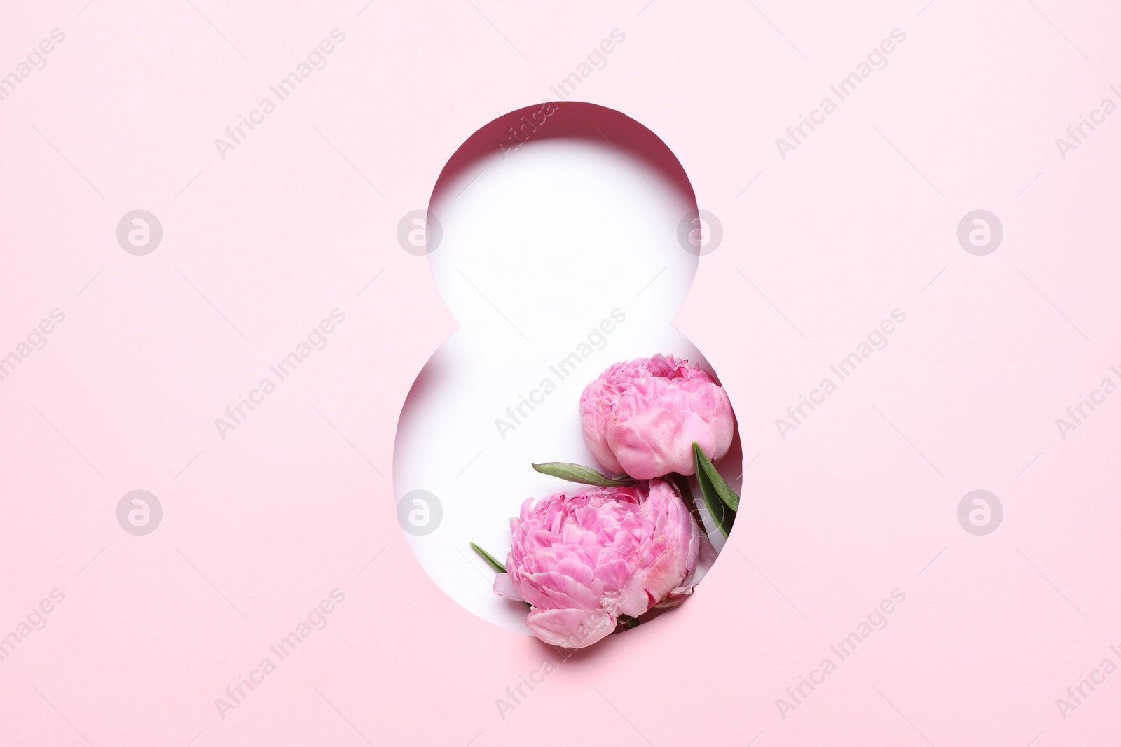 Photo of 8 March greeting card design with pink peony flowers, top view. Happy International Women's Day