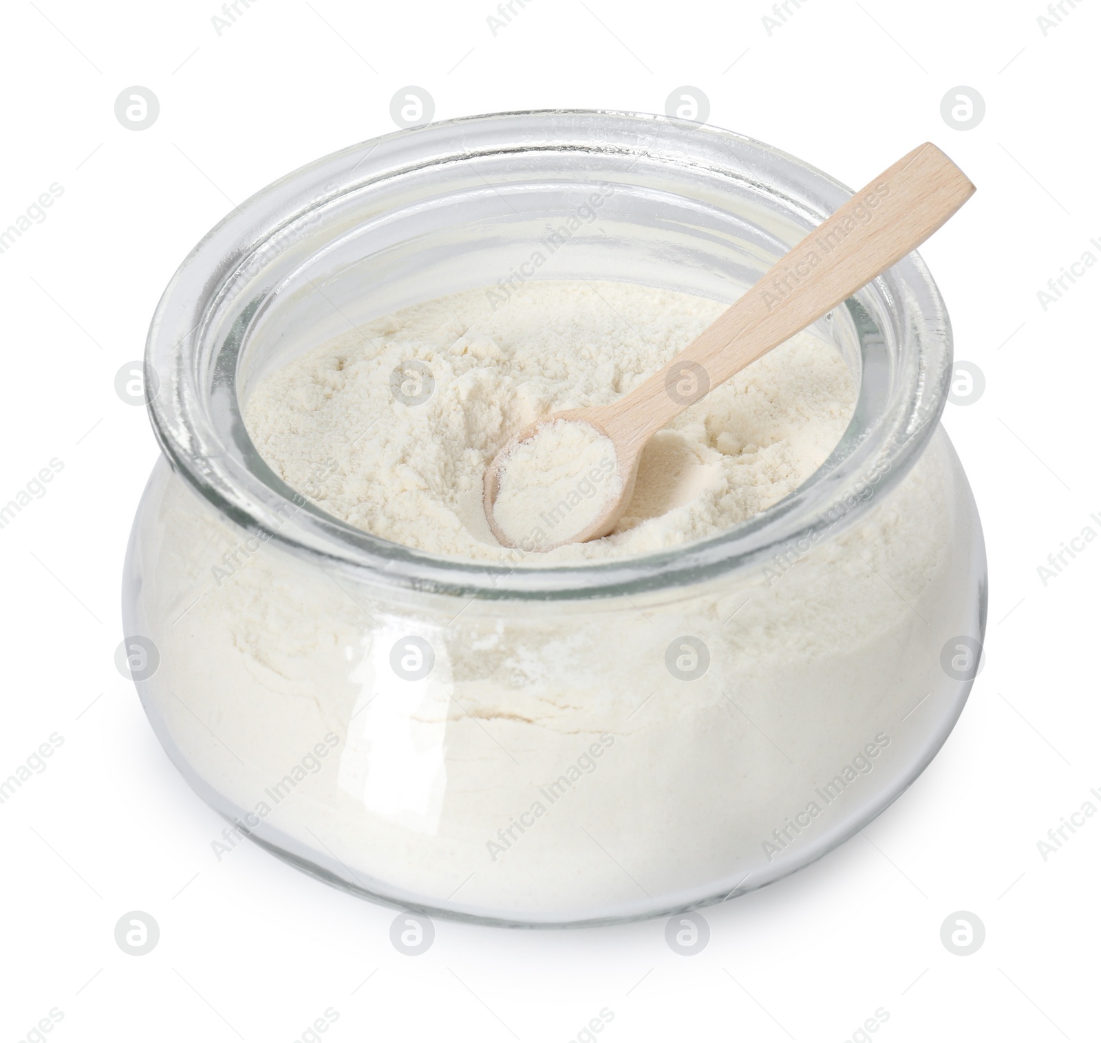 Photo of Baking powder in glass jar and spoon isolated on white