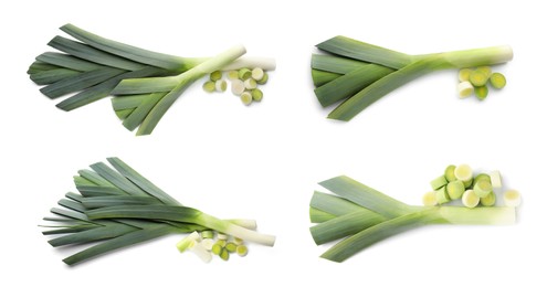 Image of Set with fresh raw leeks on white background