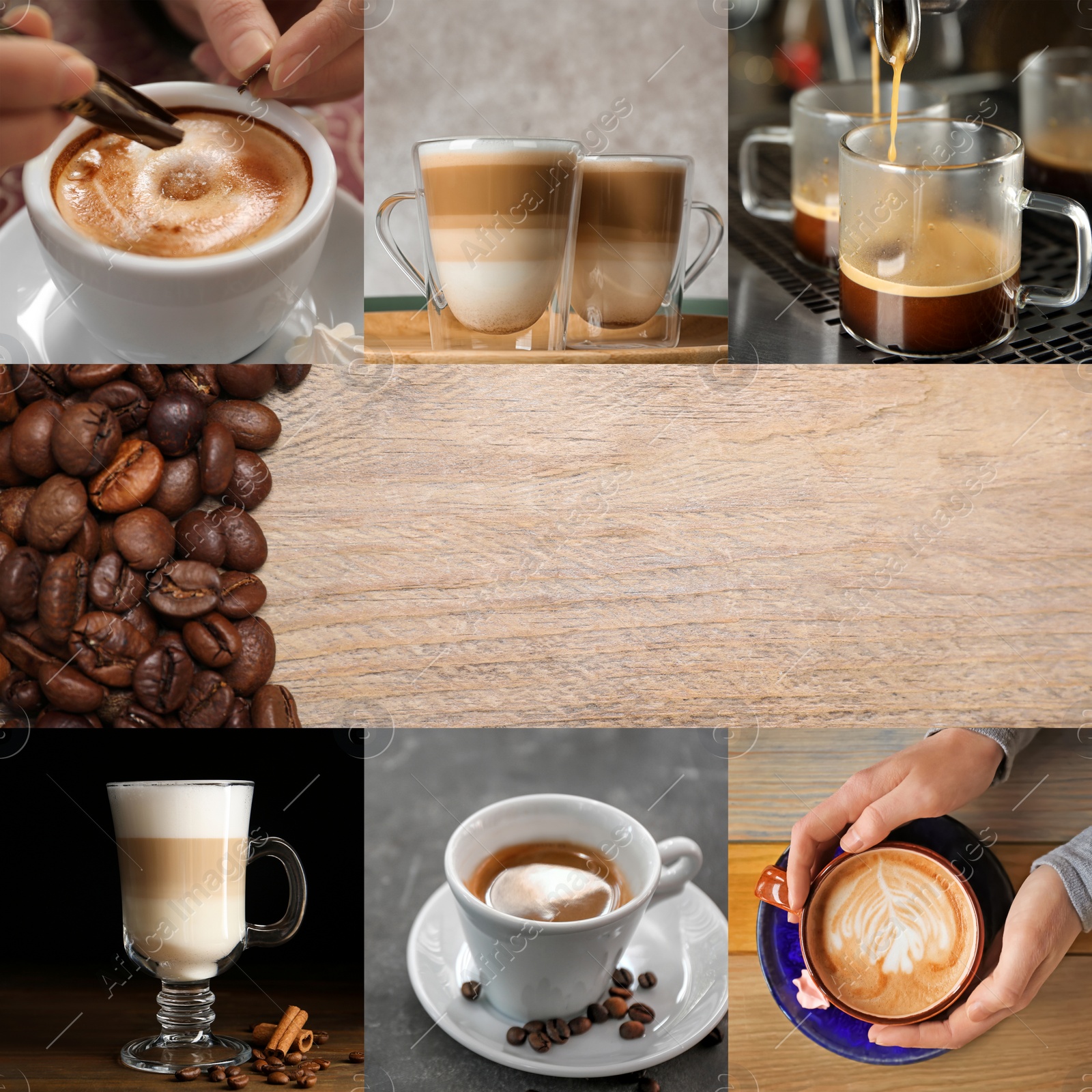 Image of Beautiful collage with different photos of aromatic coffee beans. Space for text