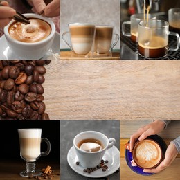 Beautiful collage with different photos of aromatic coffee beans. Space for text