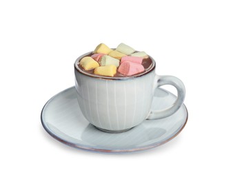 Photo of Cup of delicious hot chocolate with marshmallows isolated on white