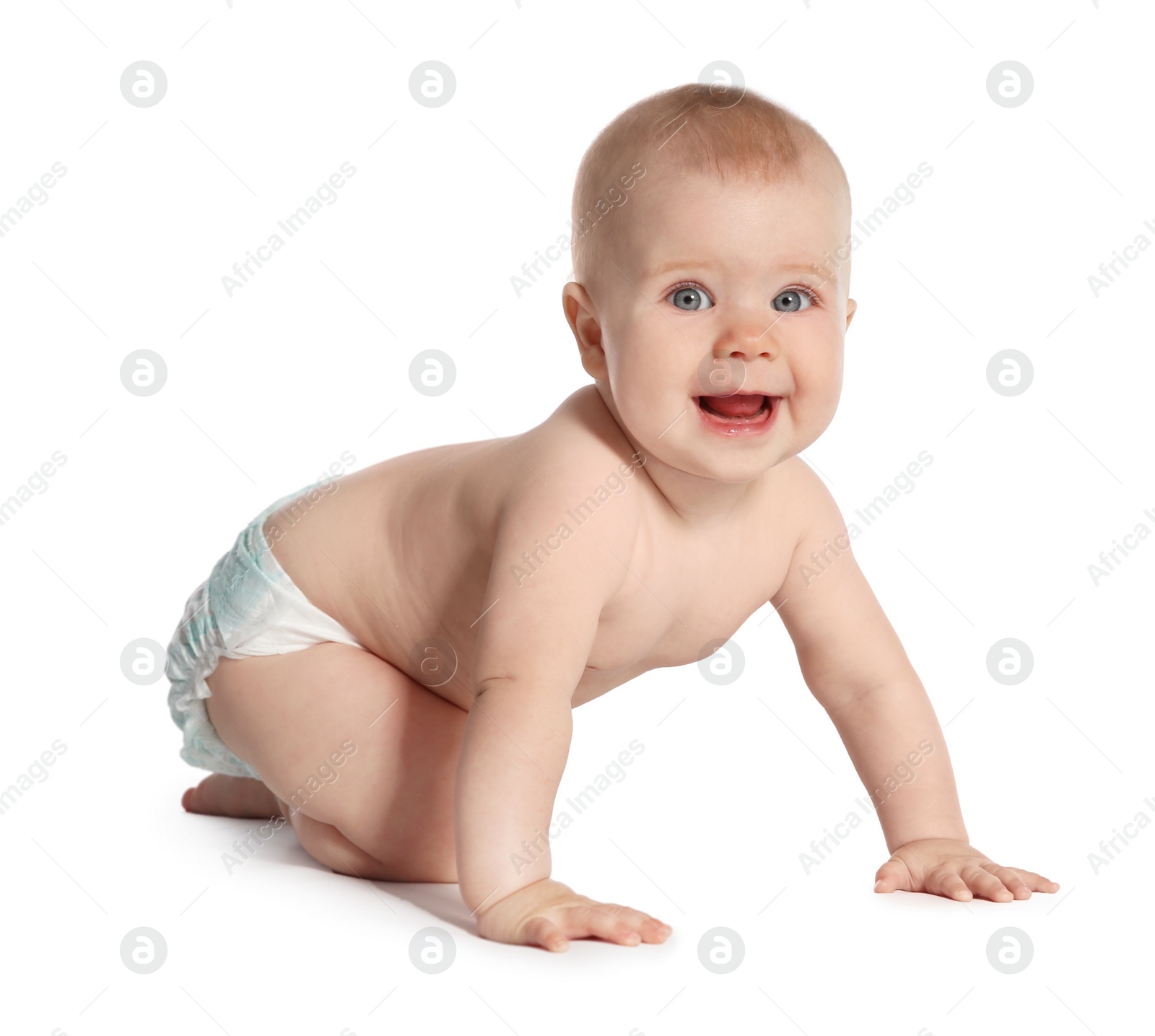 Photo of Cute little baby crawling on white background