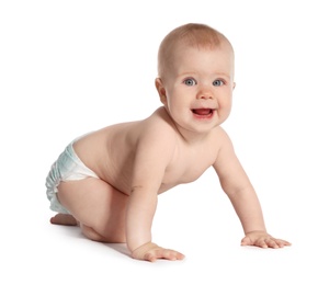 Cute little baby crawling on white background