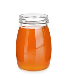 Photo of Jar of organic honey isolated on white