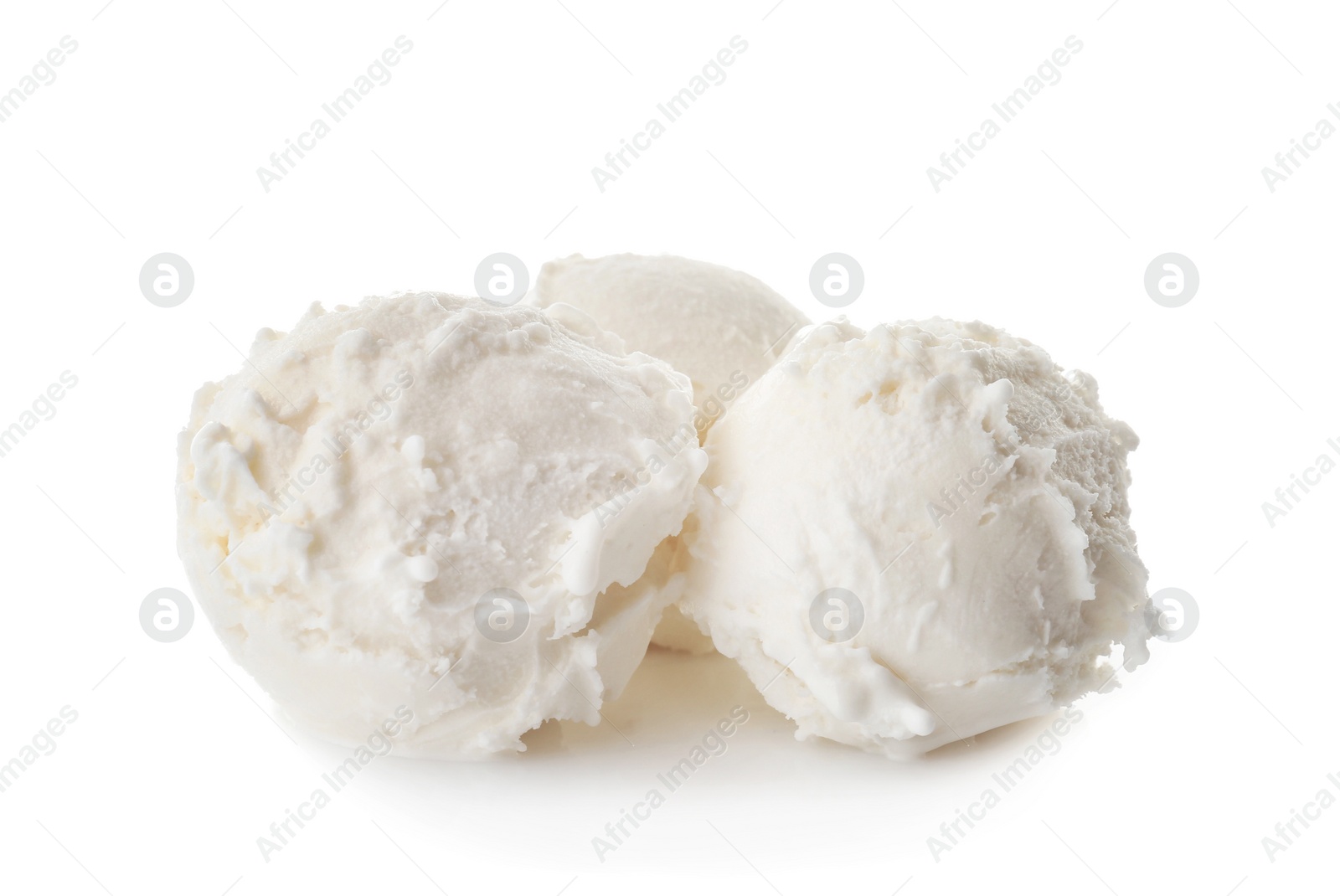 Photo of Balls of tasty vanilla ice cream on white background