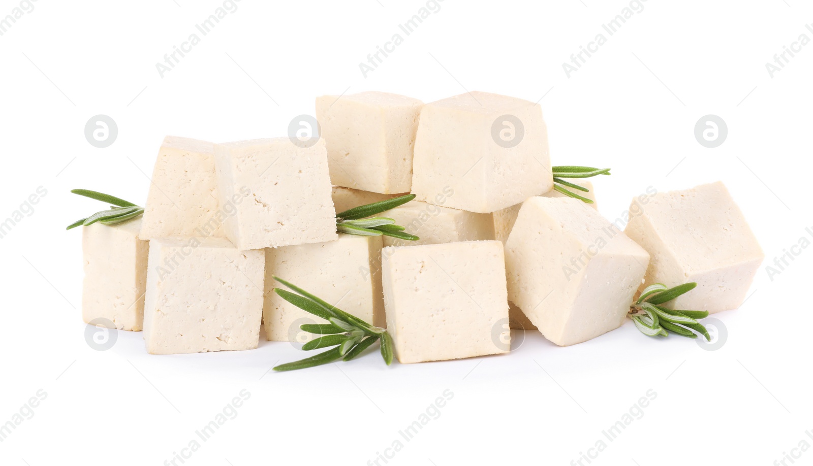 Photo of Delicious tofu and rosemary on white background