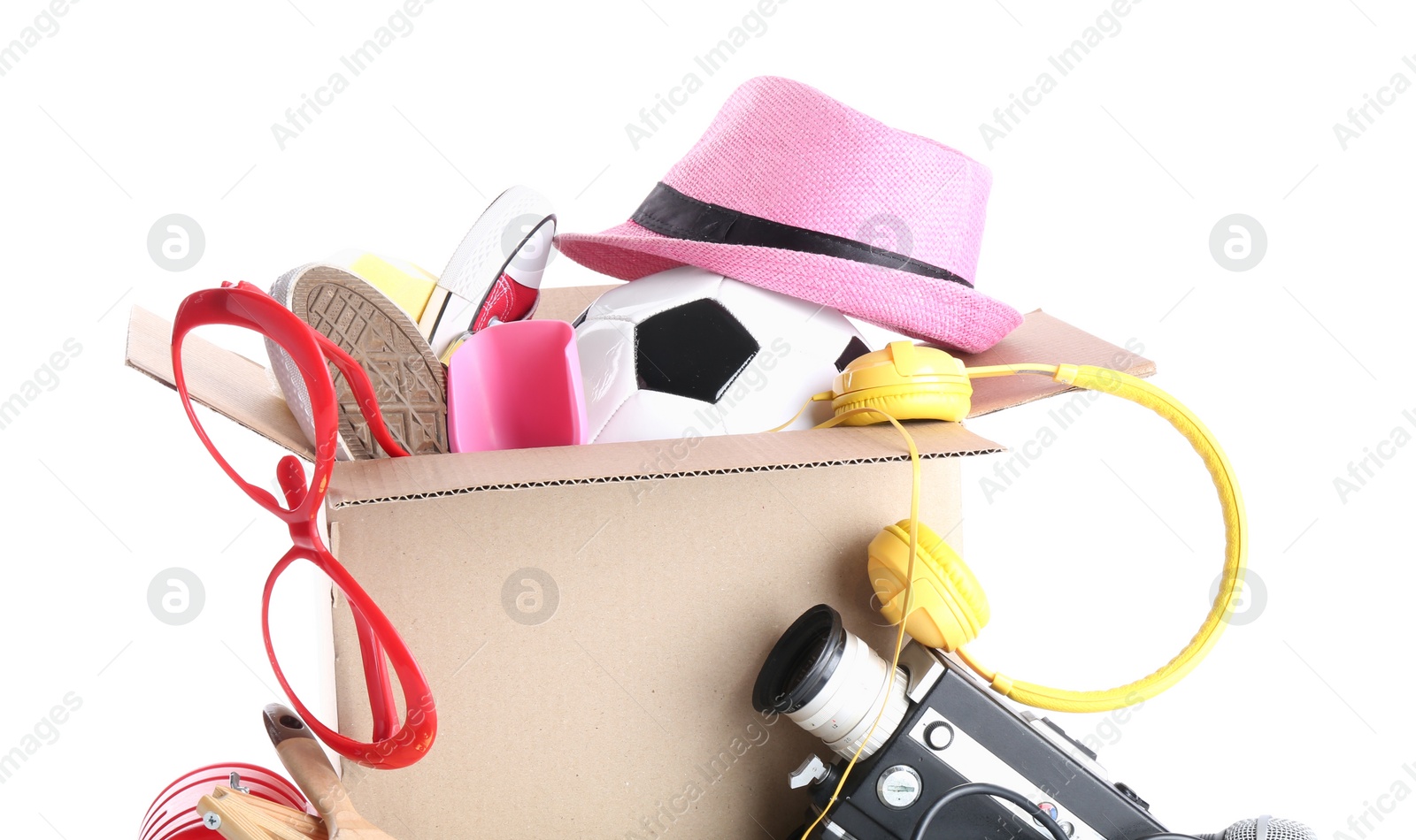 Photo of Box of unwanted stuff isolated on white