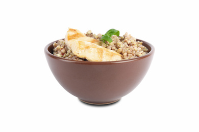 Photo of Tasty buckwheat porridge with meat isolated on white