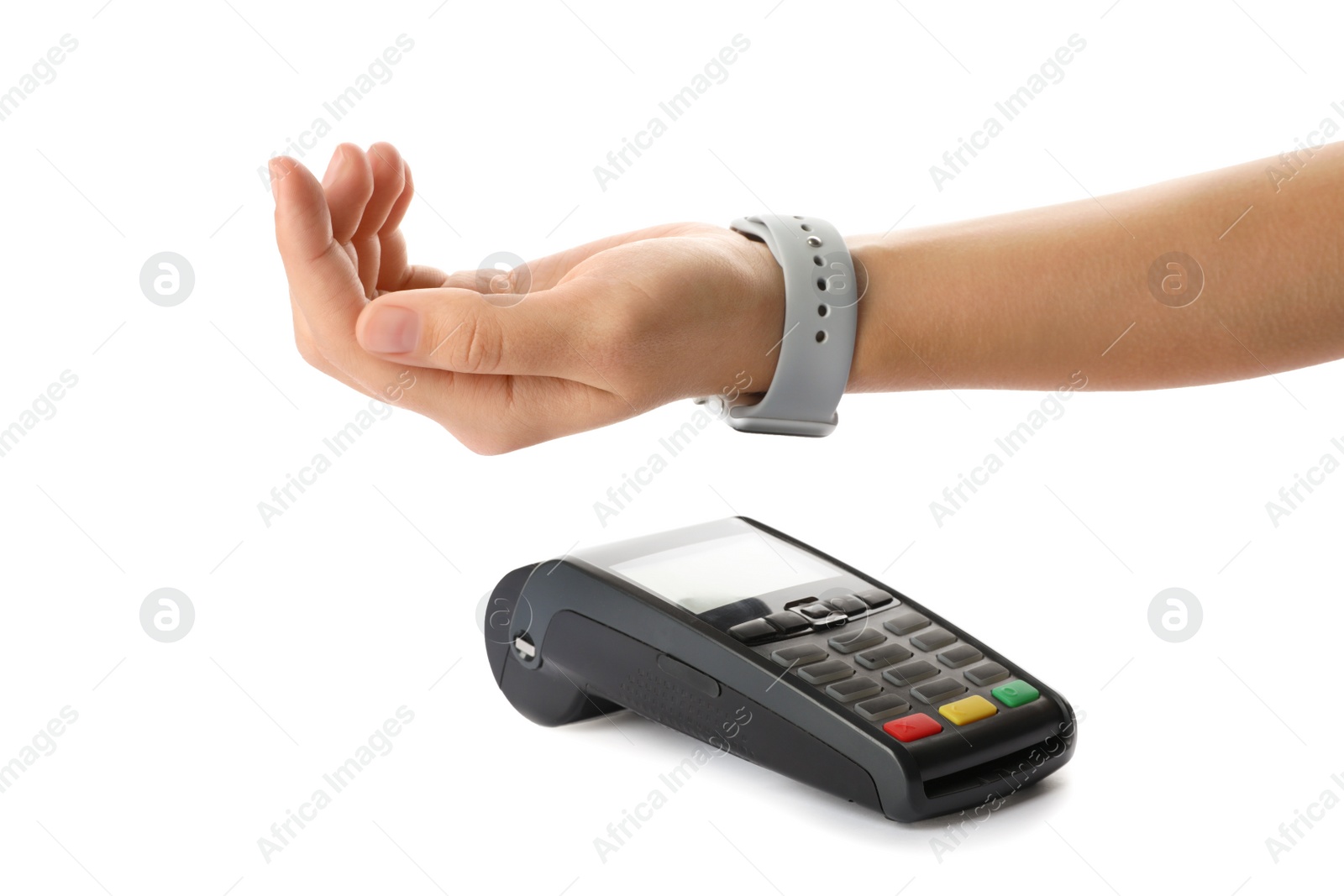 Photo of Woman using terminal for contactless payment with smart watch on white background