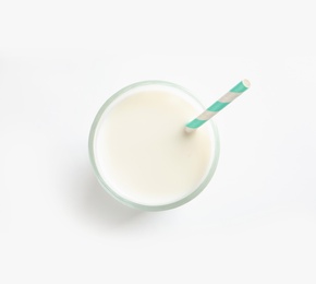 Glass of milk on white background, top view. Natural food high in protein