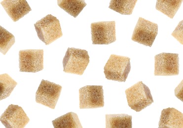 Image of Flying cubes of brown sugar on white background