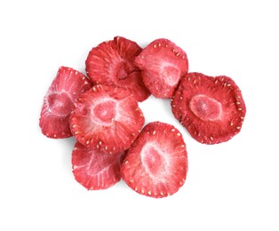 Photo of Pilefreeze dried strawberries on white background, top view