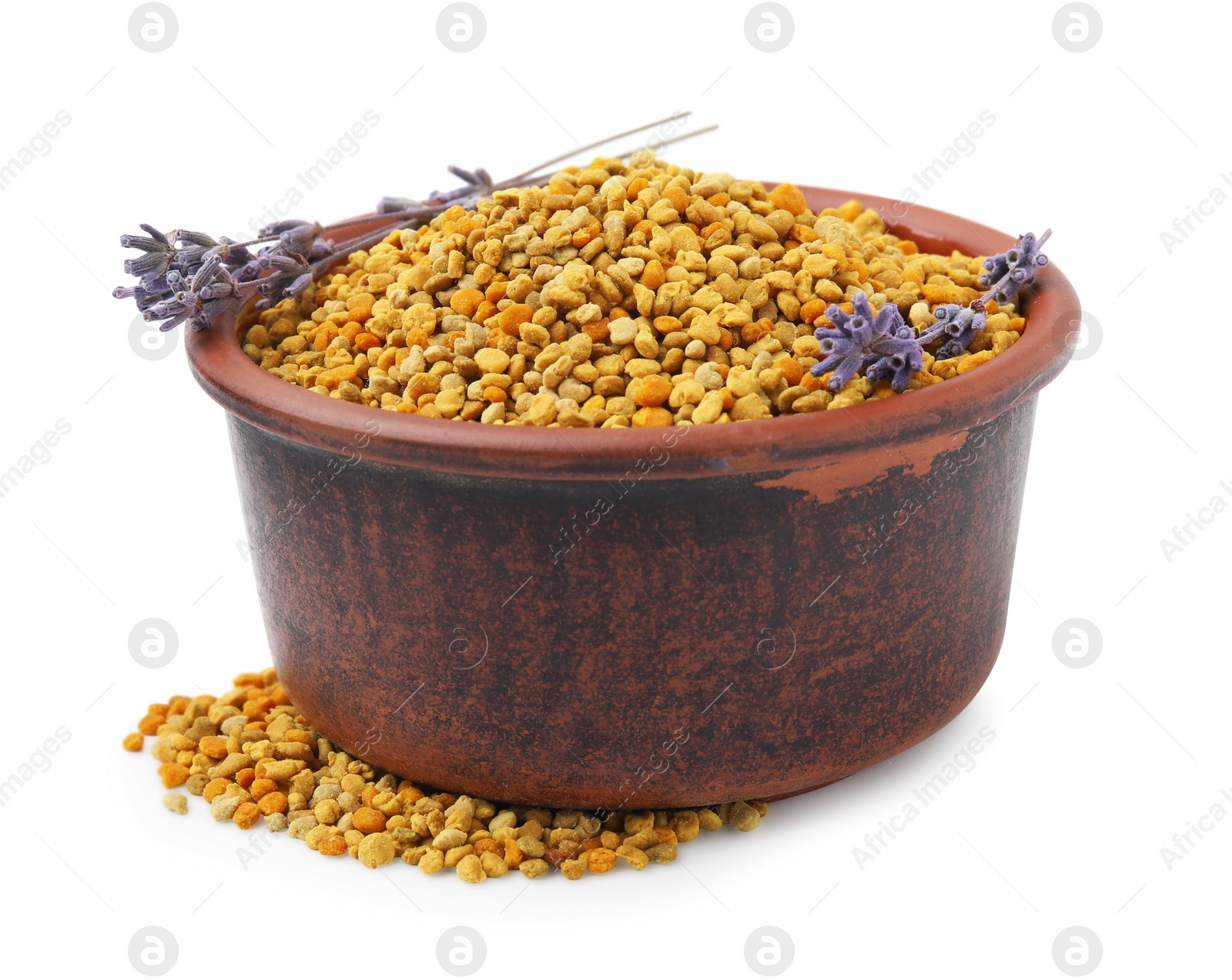 Photo of Fresh bee pollen granules in bowl and lavender isolated on white