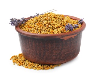 Fresh bee pollen granules in bowl and lavender isolated on white