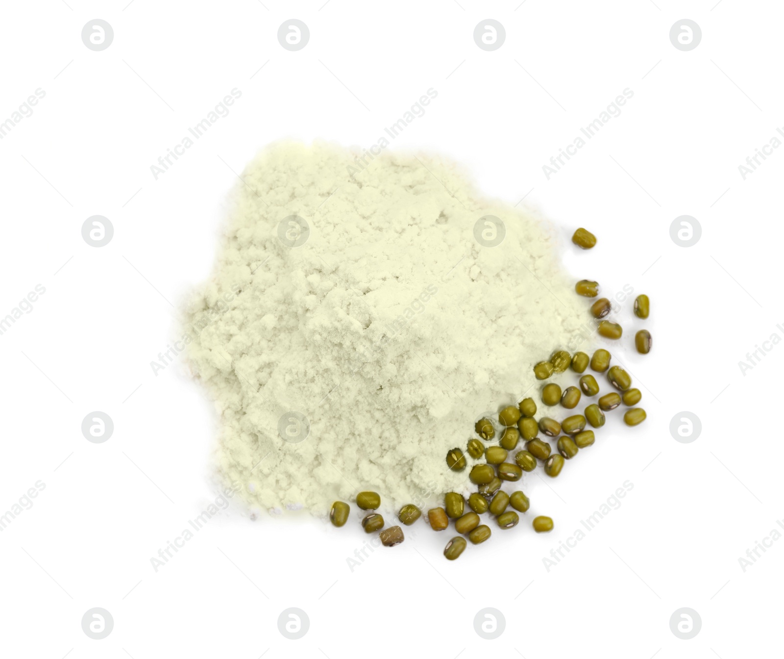 Photo of Pile of mung bean flour and seeds isolated on white, top view